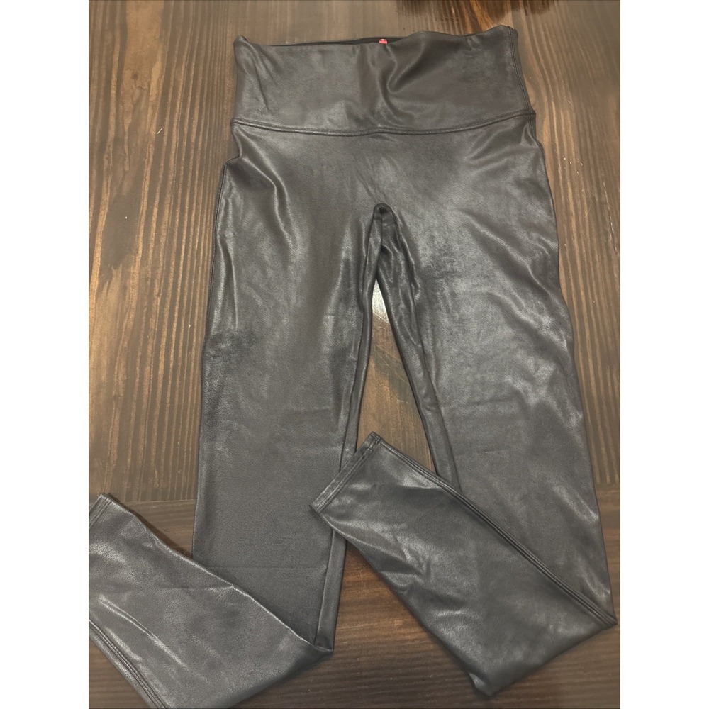 SPANX Black Faux Leather Leggings XL Stretch Compression Comfort Waist
